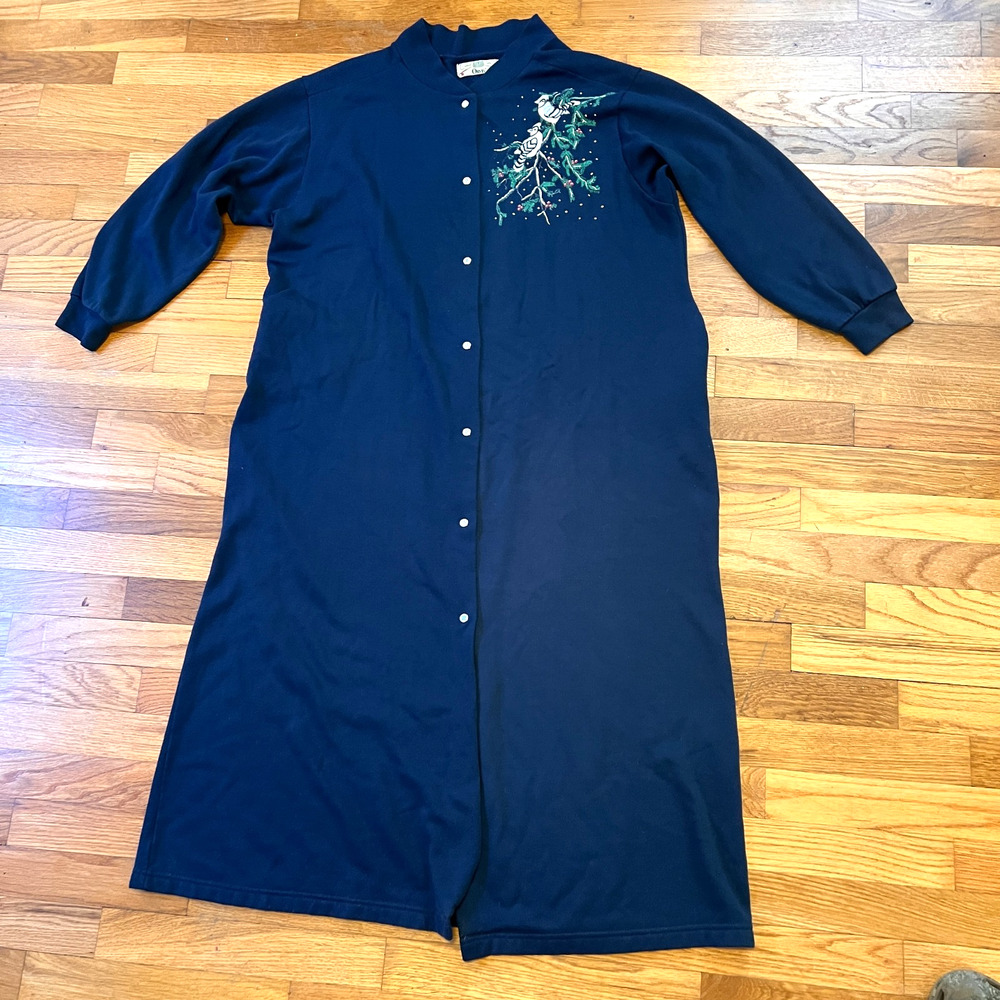 Vtg Orvis Dress Womens Medium Navy Blue Embroidered Birds Snap Up Cottagecore